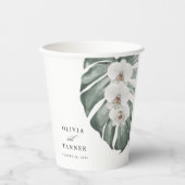 Gobelets En Papier Orchidées blanches sur Monstera Mariage tropical (Recto)