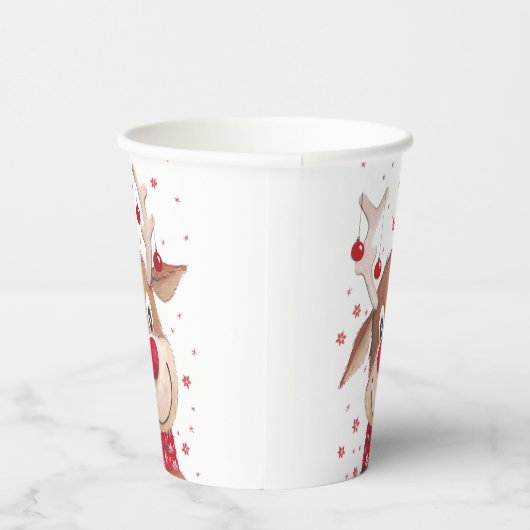Gobelets En Papier Ornements Rouges Drôles de Renne de Noël (Droite)