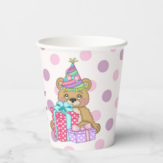 Gobelets En Papier Ours à points rose pourpre Anniversaire (Verso)