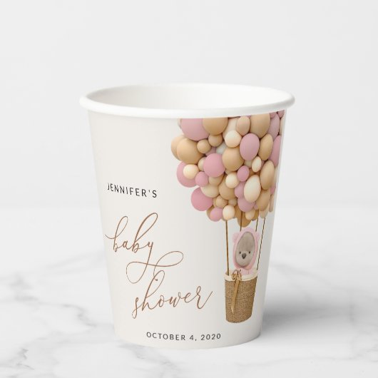 Gobelets En Papier Ours, Ballons roses, Ballons à air chaud, Baby sho (Recto)