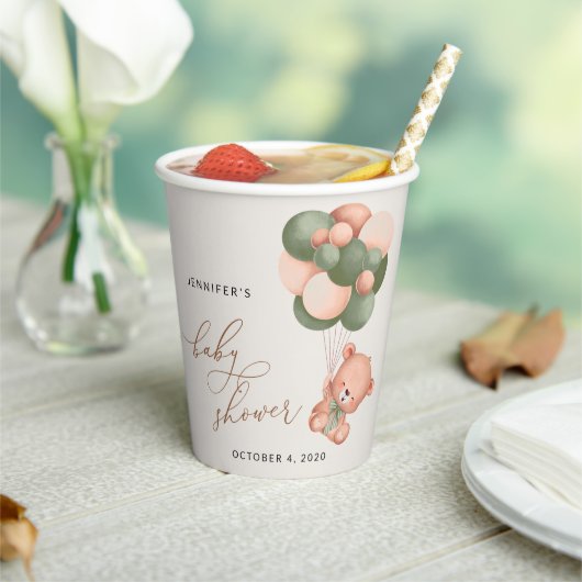 Gobelets En Papier ours bébé, ours en peluche, ballons verts, Baby sh (Insitu)