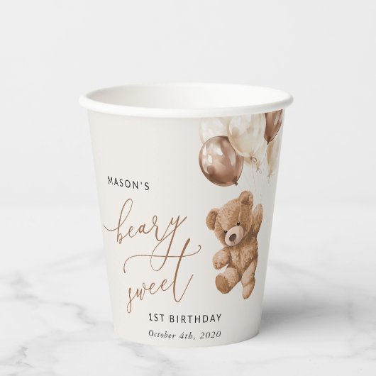 Gobelets En Papier Ours En Joue, Ballons Brown, Premier Anniversaire (Recto)