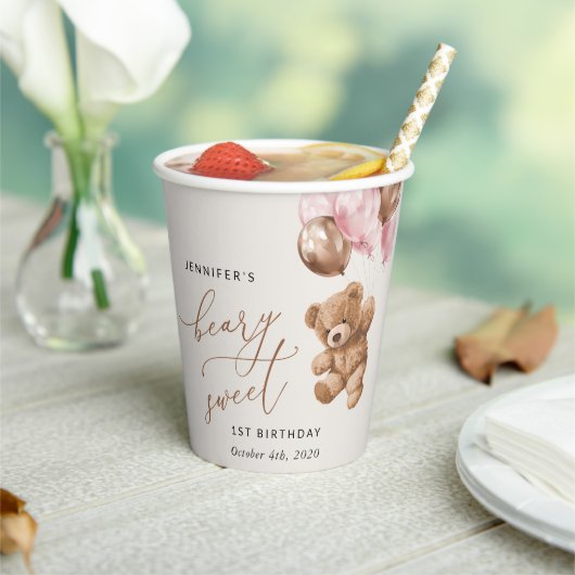 Gobelets En Papier Ours En Joue, Ballons Roses, Premier Anniversaire (Insitu)