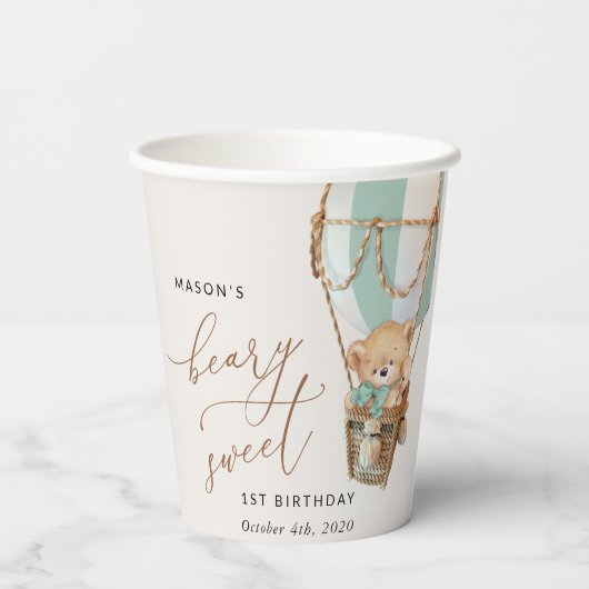 Gobelets En Papier Ours en peluche, Ballon à air chaud vert, premier (Verso)