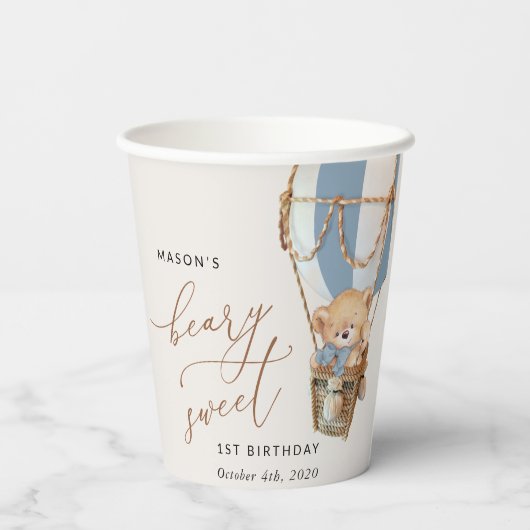 Gobelets En Papier Ours en peluche, Bleu à air chaud, premier anniver (Verso)