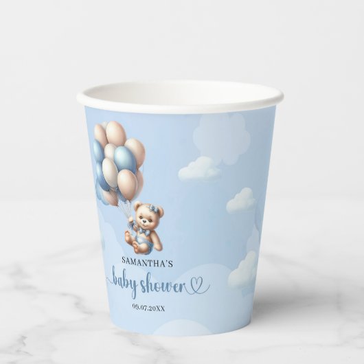 Gobelets En Papier Ours en peluche descendant des ballons bleus (Recto)