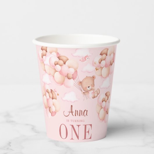 Gobelets En Papier Ours en peluche mignon tenant Ballons bébé fille A (Recto)