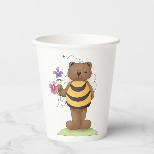 Gobelets En Papier Ours habillé en Bumblebee avec Fleurs (Recto)