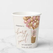 Gobelets En Papier Ours mignon, Ballons roses, Premier Anniversaire (Verso)