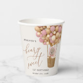 Gobelets En Papier Ours mignon, Ballons roses, Premier Anniversaire (Recto)