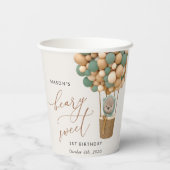 Gobelets En Papier Ours mignon, Ballons verts, Premier anniversaire (Verso)