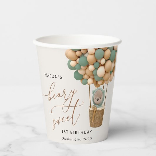 Gobelets En Papier Ours mignon, Ballons verts, Premier anniversaire (Recto)
