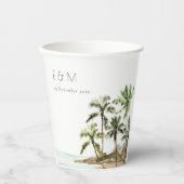 Gobelets En Papier Palmiers tropicaux Mariage de sable de plage Monog (Recto)