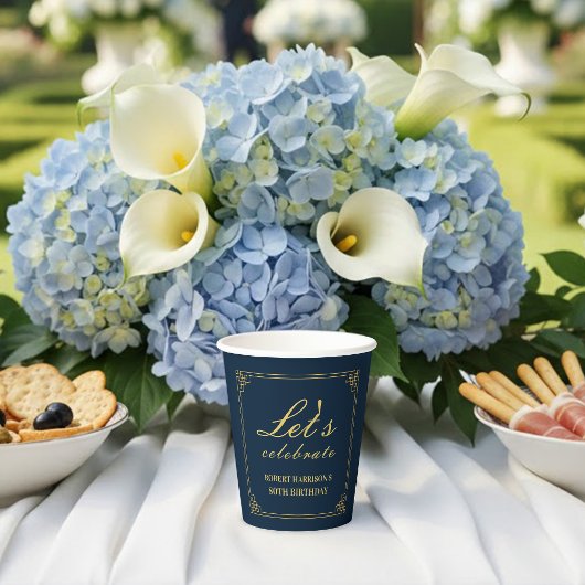 Gobelets En Papier Paper Cups Navy Gold 80th Birthday Let's Celebrate