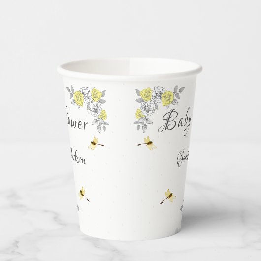 Gobelets En Papier Papier Baby shower à libellules Roses jaunes et gr (Gauche)