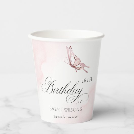 Gobelets En Papier Papillon Aquarelle Rose Bleu N'importe quel âge An (Recto)