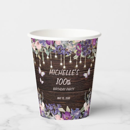 Gobelets En Papier Papillon floral rose pourpre Rustique 100e anniver (Recto)