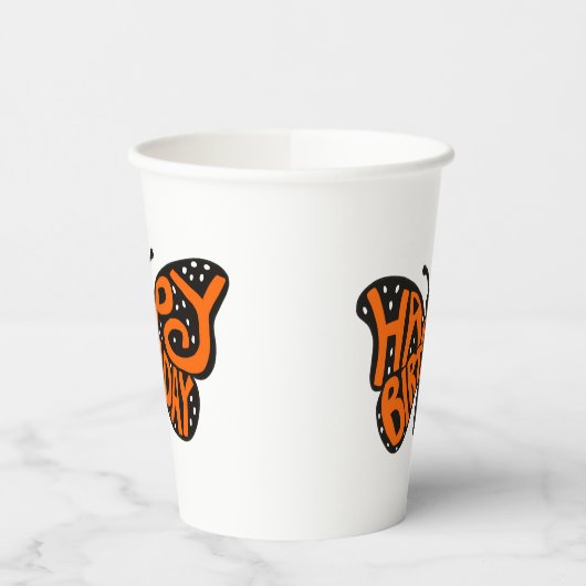 Gobelets En Papier Papillon Monarque Noir et Orange Joyeux Anniversai (Gauche)