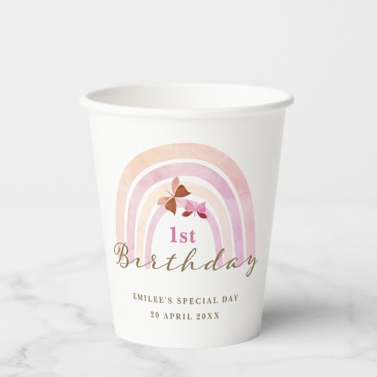 Gobelets En Papier Papillons arc-en-ciel Anniversaire Pastel Pinks (Recto)
