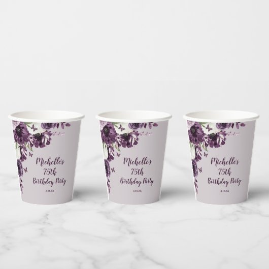 Gobelets En Papier Papillons aux fleurs blanches violettes 75e annive (Multi)
