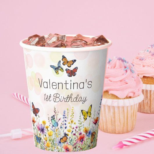 Gobelets En Papier Papillons colorés et Fleur sauvage Anniversaire