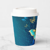 Gobelets En Papier Papillons d'or sur un Arrière - plan bleu (Gauche)