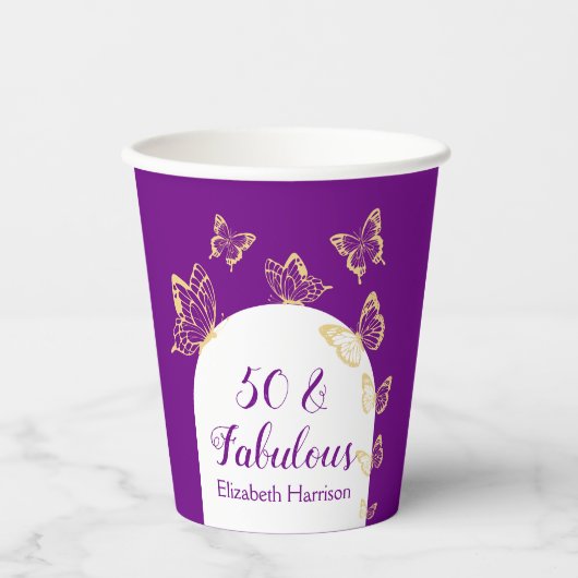 Gobelets En Papier Papillons d'or violet moderne Fabuleux anniversair (Recto)