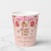 Gobelets En Papier Papillons floraux rose heureux 15e anniversaire (Recto)