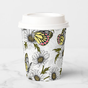 Gobelets En Papier Papillons Jézabel et fleurs marguerites sur blanc