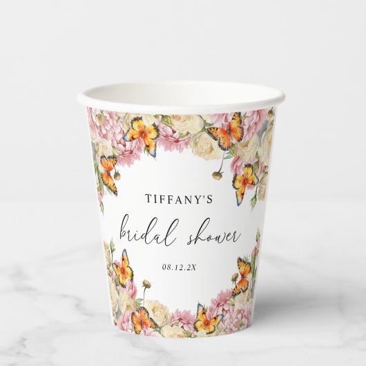 Gobelets En Papier Papillons modernes Fête des mariées de pivoines ro (Recto)