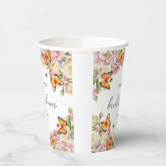 Gobelets En Papier Papillons modernes, pivoines roses, douche de mari (Gauche)