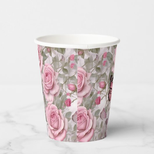 Gobelets En Papier Papillons rose pâle et fleurs Roses (Droite)