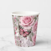 Gobelets En Papier Papillons rose pâle et fleurs Roses (Recto)