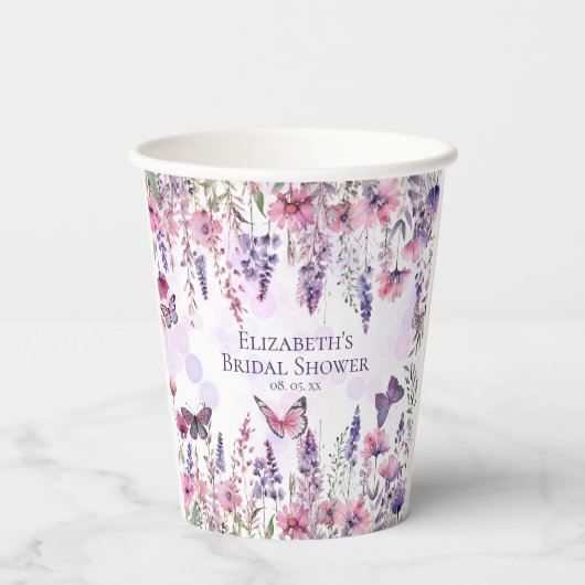 Gobelets En Papier Papillons rose pourpre et fleurs Fleurs sauvages (Verso)