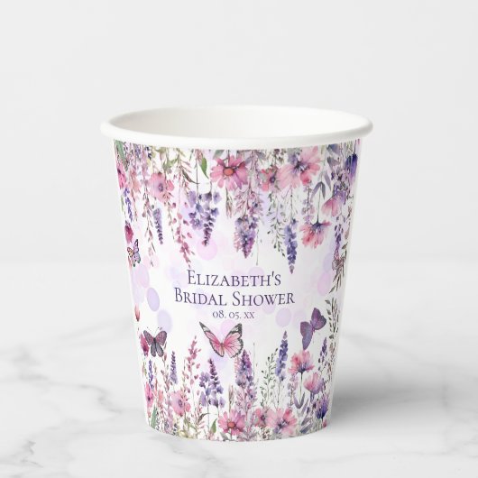 Gobelets En Papier Papillons rose pourpre et fleurs Fleurs sauvages (Recto)