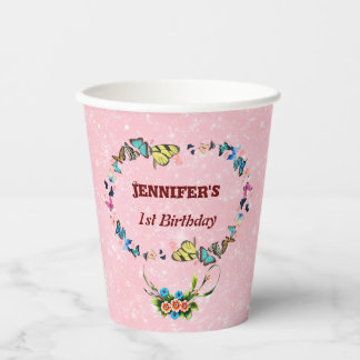 Gobelets En Papier papillons roses flottant Filles 1er anniversaire f
