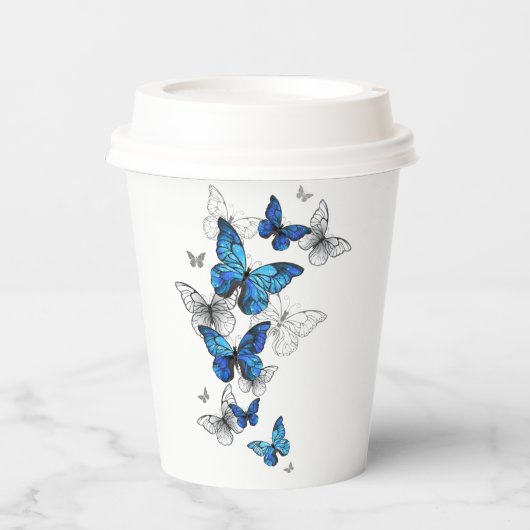 Gobelets En Papier Papillons volants bleus Morpho (Recto)