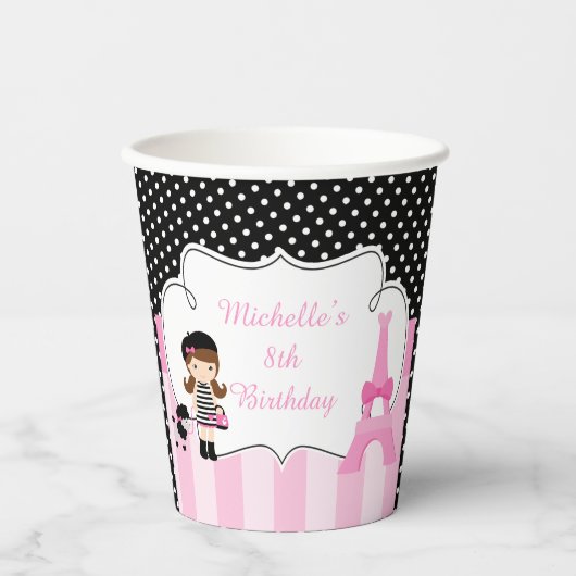 Gobelets En Papier Paris Tour Eiffel Brunette Girl (Recto)