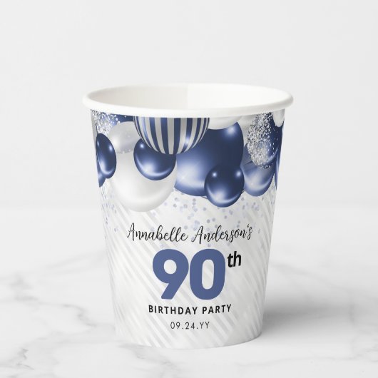 Gobelets En Papier Parties scintillant bleu marine en argent 90e anni (Gauche)