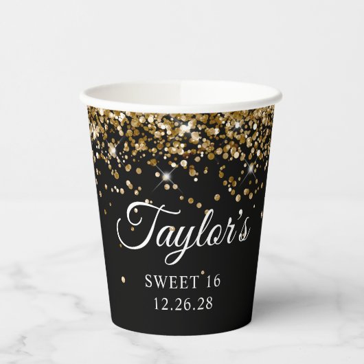 Gobelets En Papier Parties scintillant d'or Black Sweet 16 (Gauche)