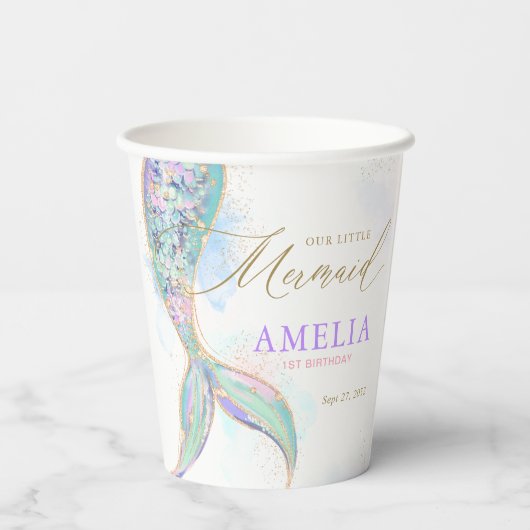Gobelets En Papier Parties scintillant d'or Mermaid Queue sous la mer (Verso)