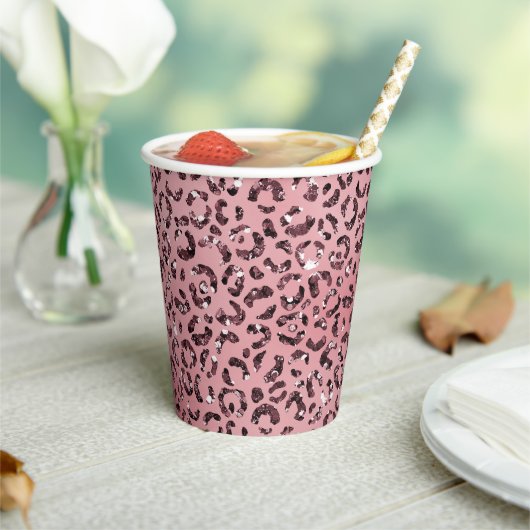 Gobelets En Papier Parties scintillant empreinte de léopard rose (Insitu)