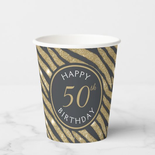 Gobelets En Papier Parties scintillant noir & or Tiger Stripe 50e ann (Recto)