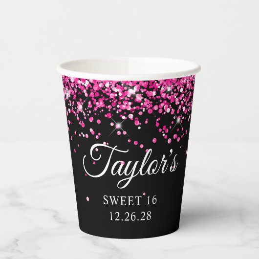 Gobelets En Papier Parties scintillant rose chaud Black Sweet 16 (Gauche)