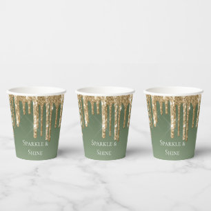 Gobelets En Papier Parties scintillant Sage Green Gold Sparkle Drithd