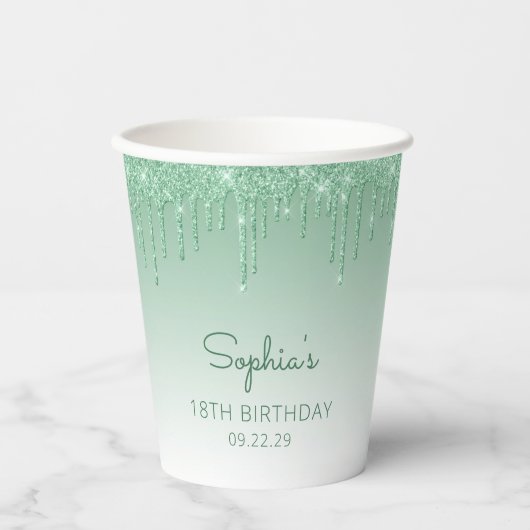 Gobelets En Papier Parties scintillant verte personnalisée 18e annive (Recto)