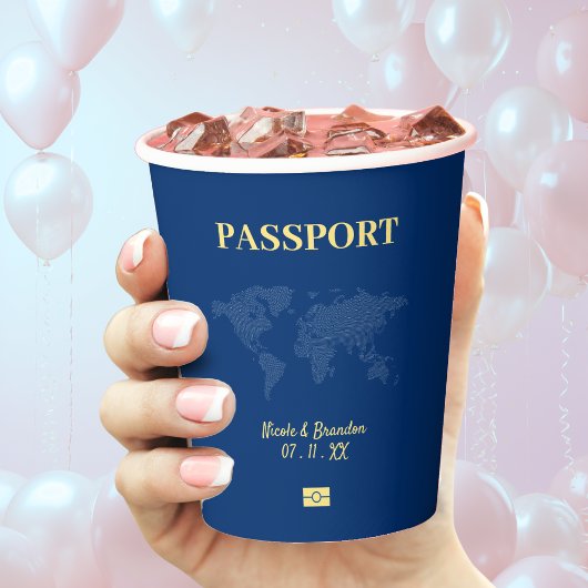 Gobelets En Papier Passeport bleu et jaune Destination Mariage