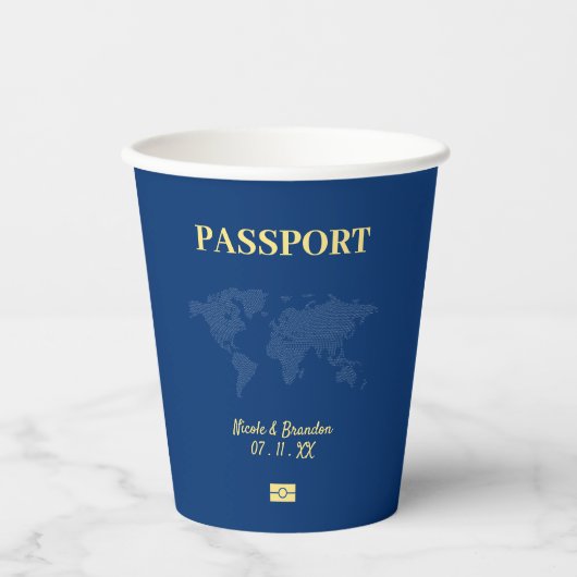 Gobelets En Papier Passeport bleu et jaune Destination Mariage (Recto)