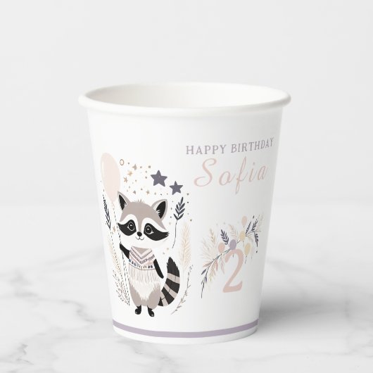 Gobelets En Papier Pastel Boho Raccoon et Ballons Anniversaire (Recto)