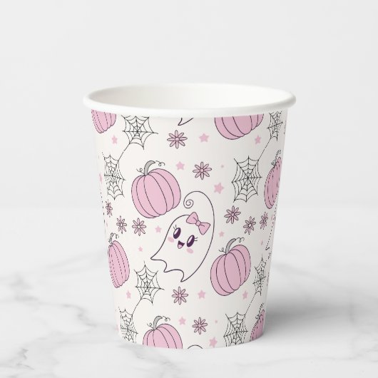 Gobelets En Papier Pastel Pink Halloween Motif sans couture (4) (Verso)